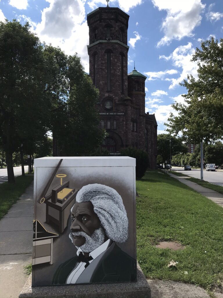 Frederick Douglass painted on an electric box