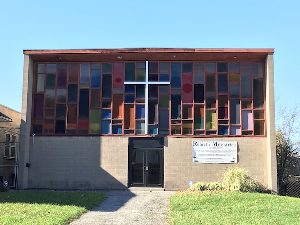 Church with multi-color stained glass squares